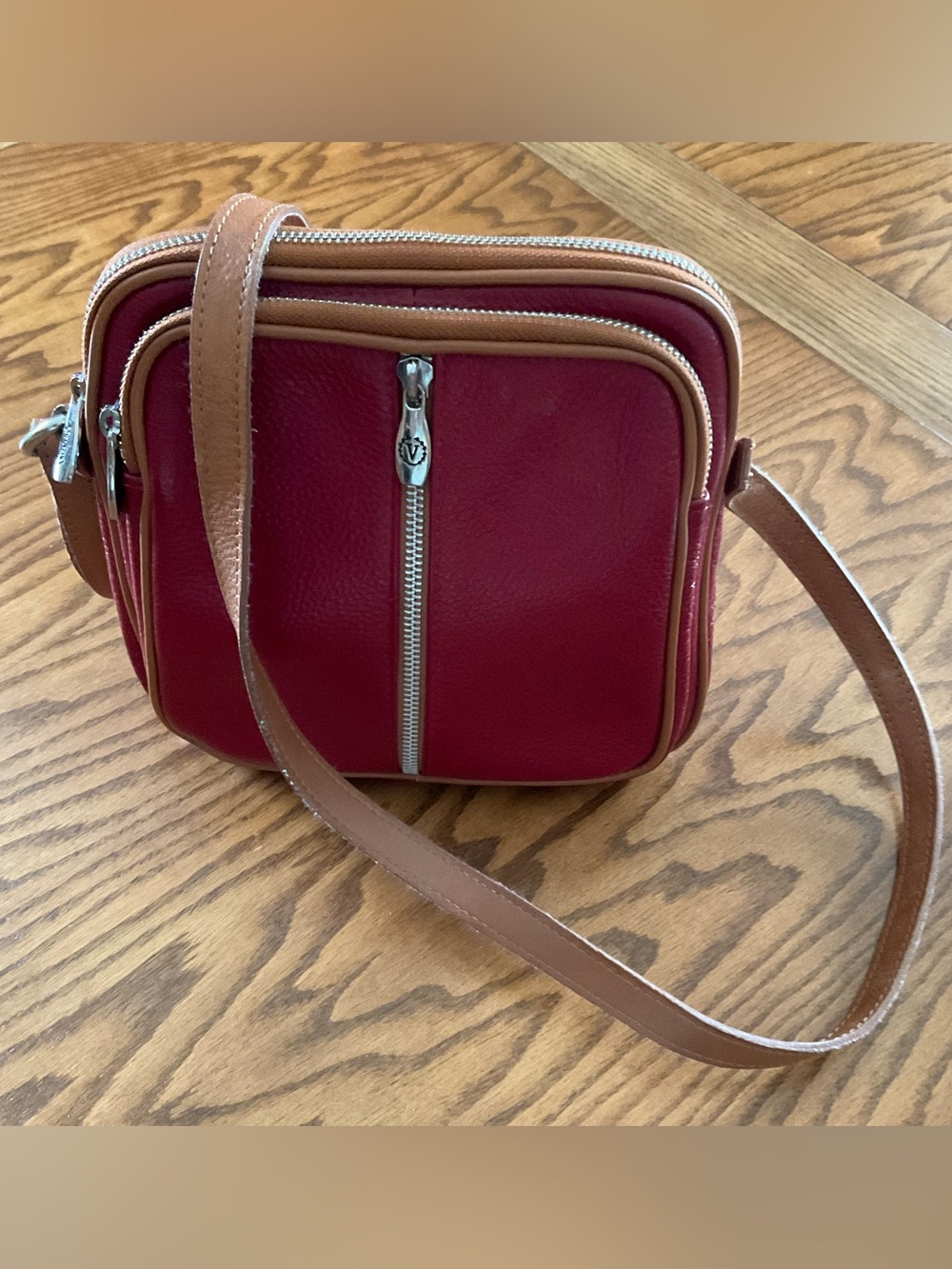 Vintage Mario Valentino Red/Tan Pebbled Soft Leather Square Crossbody